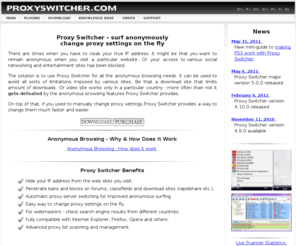 proxyswitcher.com: Anonymous Browsing via Proxy Servers with Proxy Switcher
Anonymous Browsing using Proxy Switcher automatically switching among multiple available proxy servers.