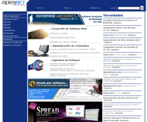apexnet.com.ar: APEXNET Software Factory - Inicio - Desarrollo Web, Administrador de Contenidos , Enterprise Architect, Herramientas Case, Farpoint, UltraEdit, IDM, UML, RUP
Apexnet es una empresa basada en tres áreas principales: desarrollo de sistemas de software, desarrollo web ,y representación de herramientas de ingeniería de software. El Content Manager de Apexnet brinda seguridad para accesos no autorizados, administración de usuarios y grupos, lo que permite formar comunidades y catalogar clientes, niveles de autorización para creación, autorización y publicación de información, y capacidades de búsqueda de información, entre otras facilidades, que dan como resultado rápida presencia, alta funcionalidad y capacidad de crecimiento.