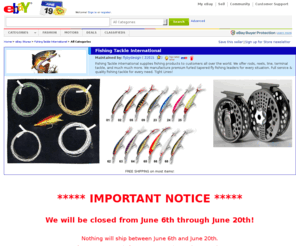 fishingdistributor.com: Fishing Tackle International items - Get great deals on Flies, Furled Leaders items on eBay Stores!
Buy Fishing Tackle International, Flies items on eBay.  Find a huge selection of Furled Leaders, Lures, Monofilament Fluorocarbon items and get what you want today.