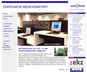 easycheck.org: EasyCheck - RFID, Selbstverbuchung, Mediensicherung, Bibliotheken, Technik
Website von EasyCheck - RFID, Selbstverbuchung, Mediensicherung, Bibliotheken, Technik