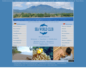 sea-world-club.de: Sea World Club Hotel :: Insel Flores Indonesien ::  Strandhotel :: Tauchen in Maumere
Hotel mit Tauchbasis in Indonesien - Insel Flores: Sea World Club ist ein Hotel mit Tauchbasis in Waiara in der Bucht von Maumere auf der Kleinen Sunda Insel Flores in Indonesien, Südostasien. In der Bucht von Maumere und vor der Küste von Flores gibt es schöne Tauchgründe zum Tauchen. Die Tauchbasis ist sehr gut ausgestattet. Es werden Ausflüge und Rundreisen  zum  Vulkan Kelimutu, Sikka, Watublapi, Watublapi, Bajawa, Ende, Larantuka auf Flores, Indonesien und  auf die Insel Komodo oder Rinca (Komodowaren) organisiert. Die Insel liegt östlich von Bali. Von Denpasar(Bali) nach Maumere(Flores) gibt es Flüge mit Merpati 