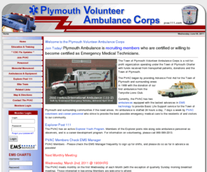 pvac111.com: Plymouth Volunteer Ambulance Corps - Welcome to the Plymouth Volunteer Ambulance Corps - Plymouth, Terryvville, Connecticut (CT)
Plymouth Volunteer Ambulance Corps. - Providing Emergency Medical Services for the Town of Plymouth, Connecticut Since 1968