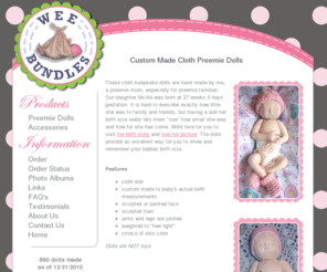 weebundles.com: Preemie Dolls - Wee Bundles
Handmade cloth keepsake preemie dolls