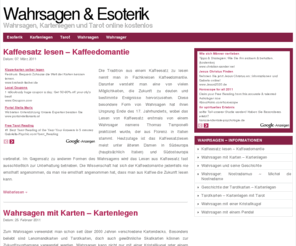 wahrsagen-esoterik.de: Wahrsagen & Esoterik
Informationen zum Thema Wahrsagen und Esoterik - Alles zu Hellsehen, Lebensberatung, Tarotkarten und Kartenlegen