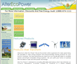 alterecopower.com: Alter Eco Power - Home
Alter Eco Power is the premier source for renewable energy equipment and energy efficient products for your home and business.  Fight high energy costs by switching to solar or wind power. 