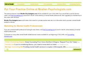 mcallenpsychologists.com: Mcallen Psychologists - Mcallen Psychologists.com - Put Your Practice Online Now
Build your own therapy marketing web site at Mcallen Psychologists.com.