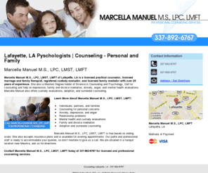 marcellamanuelcounselor.com: Counseling Lafayette, LA - 337-892-6767
Marcella Manuel M.S., LPC, LMFT provides ounseling and help on depression to Lafayette, LA. Call 337-892-6767 for professional counseling.