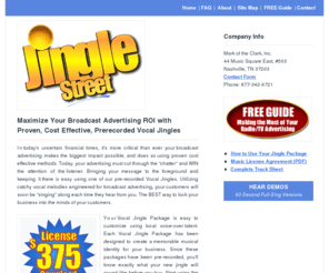 jinglestreet.com: Jingle Street: Vocal Jingle Packages
Jingle Street's Vocal Jingle Packages will provide your business advertising with the benefits of a custom made music package without the custom music price. Prerecorded Vocal Jingle.