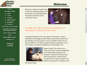 equinehealthcare.com: Equine Health Care from Equine Therapy, Inc.
Equine Health Care, a web site offering products and equine therapy information from Mimi Porter to practicing equine therapists and horse lovers around the world.