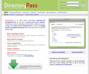 directorypass.com: DirectoryPass - Open source Apache .htaccess file management, password protection and web site security tool written in Perl.
DirectoryPass is an Open Source multi-platform .htaccess file management tool for use with the Apache web server software.  DirectoryPass offers a web-based interface which enables the user to manage both .htaccess and .htpasswd files to setup and manage password protected directories within their web site and to add and remove users.