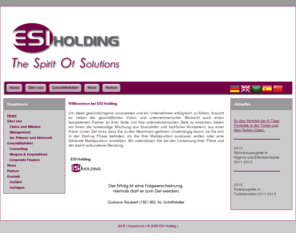 onlinealalim.com: ESI Holding
Herzlich Willkommen auf der Homepage von ESI Holding. Hier erhalten Sie alle Informationen zu uns., Um Ideen gewinnbringend umzusetzen und ein Unternehmen erfolgreich zu führen, braucht es neben der geschäftlichen Vision und unternehmerischer Weitsicht auch einen kompetenten Partner an Ihrer Seite. Um Ihre unternehmerischen Ziele zu erreichen, bieten wir Ihnen die notwendige Mischung aus finanzieller und fachlicher Kom