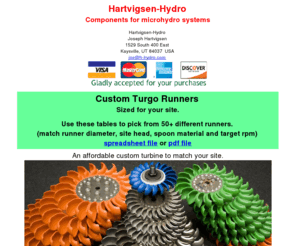 h-hydro.com: Hartvigsen-Hydro Components for microhydro system builders
Build a microhydro system to generate electricity from a small stream.  Hartvigsen-Hydro supplies components to help you build a working hydroelectric power plant to power a home or cabin.  Available microhydro components, include:turgo runners, turgo spoons, motor shaft arbors, shaft couplings, nozzles, and sight levels.  Download a spreadsheet to help you size yoursystem.