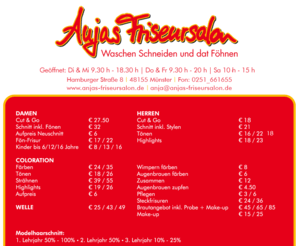 anjas-friseursalon.com: Anjas Friseursalon - Waschen Schneiden und dat Föhnen -
Anjas Friseursalon für Damen und Herren - Nähe Bahnhof Münster - Kontakt: Hamburger Str. 8 , 48155 Münster