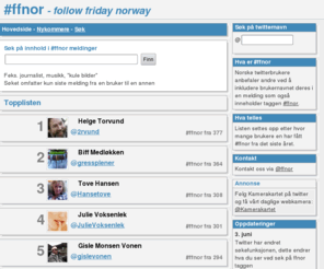 ffnor.no: follow friday norway | ffnor.no
Oversikt over mest anbefalte norske twitter brukere basert på #ffnor(follow friday norway).