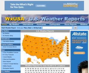 weatherhub.com: Weather Reports For Over 50,000 US Locations: WxUSA
Weather reports for over 50,000 U.S. locations includes current conditions, three-day forecasts, seven-day forecasts, hourly forecast tracking, weather history, weather radar and warnings.