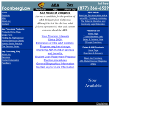 marketingandmanagement.com: Jay Foonberg - (877) 366-6529
FoonbergLaw is the website of Jay Foonberg, CPA, Esq. Jay is the author of two of the ABA's best selling books and a prominent speaker. Jay is also active in ABA activities, trying to improve the quality of law in the US.