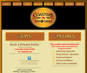 coasterstapandgrill.com: Coasters Tap & Grill Shelton Ct Restaurant Bar Happy Hour-Home
Restaurant and bar in Shelton, Ct- Specializing in microbrew, wine, burgers, pizza, happy hour, take out. Owners Terry Blake, Tom Turner