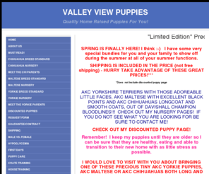 valleyviewpuppies.com: Home - Valley View Puppies
Quality AKC Yorkshire  Terrier , AKC Maltese & AKC Long Coat Chihuahua Puppies For Sale and Yorkshire Terriers, Chihuahua & Maltese For Sale. Yorkie, Chihuahua & Maltese dog  breeder and Yorkshire Terrier, Chihuahua & Maltese puppies for sale