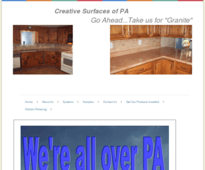 creativesurfacesofpa.com: Creative Surfaces of PA
Our products are a synthetic modified cement that is textured and colored to replicate today's most popular surfaces: granite, marble, stone, travertine, flagstone, slate, and even wood! Our customizable Concrete overlays can be placed over existing surfaces to give them a fresh new look.