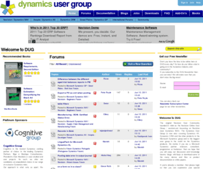 dynamicsuser.net: Dynamics User Group | Navision Forum | Axapta Forum | Dynamics NAV Forum | Dynamics AX Forum
DUG is the original Navision Forum, now Microsoft Dynamics NAV and AX (Axapta) community: development and end-user forums, blogs, download demos and documentation.