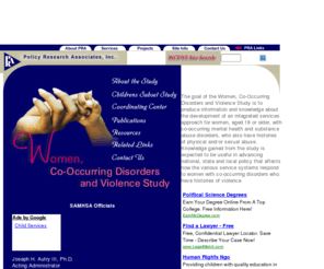 wcdvs.com: Women, Co-Occurring Disorders and Violence Study
The goal of the SAMHSA Women, Co-Occurring Disorders and Violence Study is to develop and evaluate integrated service models for women with co-occurring disorders with histories of violence.