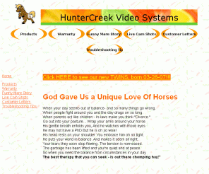 huntercreekvideo.com: Wireless security surveillance observation barn cameras to monitor mares
foaling
2.4 ghz wireless surveillance camera systems - specially designed external antennas for metal buildings, barns, and horse trailers.  Great for dairy barns, home secuirty, and business surveillance.Wireless barn cameras for observation of foaling mares.  Great security around your barn and property.  Also use in your horse trailer.  Specially designed models work with metal buildings and barns.