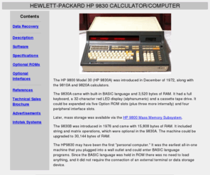 hp9830.com: Hewlett-Packard HP 9830
Details and services related to the Hewlett-Packard Model 9830 desktop computer.