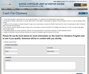 floridacash4clunkers.com: Dodge Chrysler Jeep of Winter Haven | New Chrysler, Dodge, Jeep, Ram dealership in Winter Haven, FL 33880
Winter Haven, FL New, Dodge Chrysler Jeep of Winter Haven sells and services Chrysler, Dodge, Jeep, Ram vehicles in the greater Winter Haven