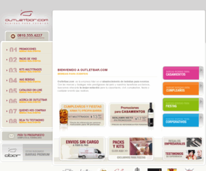 outletbar.com: Outletbar.com: Bebidas para eventos
Todas las bebidas para tu evento, casamiento, cumpleaños, civil, fiestas, corporativos. Las bodegas mas prestigiosas y las mejores marcas, luigi bosca, navarro correas, nieto senetiner, salentein, callia, johnnie walker, smirnoff, j&b, pampero, tanqueray