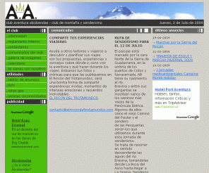 clubaventuraalcobendas.com: Club Aventura Alcobendas, página de inicio
Promoción, difusión, asesoramiento y realización de deportes en un entorno natural: Multiaventura, Senderismo, Mountain Bike, Escalada, Alpinismo, Esquí, Rafting, Descenso de cañones, Piragüismo.