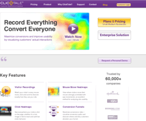 clictale.net: Heatmaps, Visitor Movies, Web Analytics | Customer Experience Analytics by ClickTale
Customer Experience Analytics by ClickTale - discover everything visitors do on your website. Watch Visitor Recordings, Mouse Move Heatmaps, and Form Analytics.