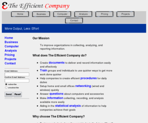 theefficientcompany.com: Do things the Efficient Way.
The Efficient Company helps individuals, departments, and businesses be more efficient.  We create documents, procedures, computer help, and analysis to help you get to where you need to be.