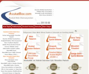 avukatbox.com: Avukat Arama | Avukat Web SayfasÄ± | Avukat Web Siteleri
AvukatlÄ±k BÃ¼rolarÄ±na Ã¶zel geliÅmiÅ web sayfalarÄ±, Avukat Arama ModÃ¼lÃ¼, YÃ¼zlerce Dava DilekÃ§eleri, BÃ¼ro Ä°Ã§i Masraf kalem ve HesaplamalarÄ±yla ve daha bir Ã§ok Ã¶zellikle en ucuz ve kaliteli web Ã§Ã¶zÃ¼mleri sunar.