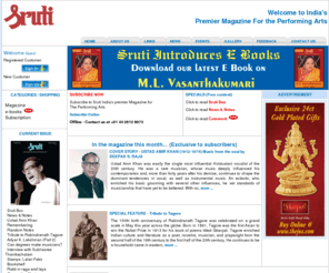 sruti.com: Sruti, A Monthly Magazine on  Indian Performing Arts.
Sruti, a monthly magazine on carnatic music, bharatanatyam, Hindustani music, kuchipudi, kathak, kathakali, theatre & other Indian performing arts.  We provide information on Chennai (Madras) December music Season, and other major music, dance and performing arts festival around the world & profile artists around the world.