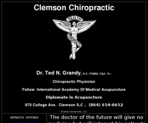 drgrandy.com: Dr. Ted N. Grandy, Chiropractic Physician in Clemson, SC, Diplomate in
Acupuncture
Dr. Ted N. Grandy, Chiropractic Physician in Clemson, SC, Diplomate in Acupuncture, Palmer Graduate