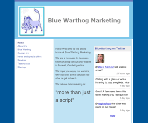 verdonk.co.uk: Blue Warthog Marketing
Blue Warthog Marketing specialises in telemarketing. Having worked in the telemarketing field and sold both products and services we believe the telephone to be a very powerful marketing tool. Not
only could it increase your sales but employing the right person to be involved in a telemarketing campaign could raise your company profile considerably. Saying that, one should also note that employing the wrong person could potentiall
y have devastating effects. The Business is based in Swaffham Prior, Cambridgeshire and was set up by Tania Verdonk.