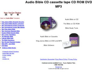 audiobibles.com: Audio Bibles on CD - Audio Bible MP3 - Audio Bibles on DVD
Audio Bibles for Ipod, MP3, DVD, CD and tape. King James, NIV Bible, Catholic Bible, NASB, NLT Bible and others. Listen before you buy.