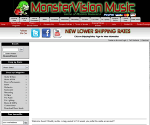 mvmusicstore.org: Monstervision Music
We are a Michigan based online musical equipment and accessories company that carries quality items at very competitive prices. Our full-color, informative online catalog features a huge selection of top-names in guitar, bass, drums, keyboard, amplifiers, signal processors, recording equipment, and a wide range of essential gear for the stage and studio.