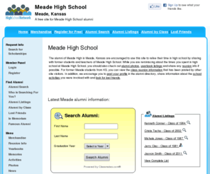 meadehighschool.org: Meade High School
Meade High School is a high school website for Meade alumni. Meade High provides school news, reunion and graduation information, alumni listings and more for former students and faculty of Meade High in Meade, Kansas