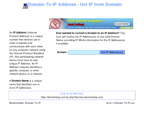 domain-to-ip.com: Domain To IP Address - Get IP from Domain Name
Domain to IP is a free web service to get the IP Address from any Domain Name.