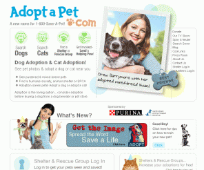 adoptapet.com: Pet Adoption – 100,000 Dogs & Cats in Need - Adopt A Pet Save A Life. 
Pet Adoption - We are a non-profit working with over 6,000 animal rescues. Search Dogs and Cats in need of adoption by breed, size, age & location.