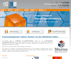 picture-method.com: Fach- und Methodenkompetenz für den öffentlichen Sektor | PICTURE GmbH
Die PICTURE GmbH ist ein Beratungs- und Softwareunternehmen für prozessorientierte Verwaltungsmodernisierung im öffentlichen Sektor. Mit der PICTURE-Prozessplattform, dem Prozessregister und umfangreichem Prozesswissen bringen wir die öffentlichen Verwaltungen in Deutschland in ihren Modernisierungsbestrebungen voran. Außerdem bieten wir Schulungen für Prozessmanagement, Projektmanagement und Aufgabenmanagement. Dabei richten wir uns nach dem Leitmotiv: Prozessmanagement. Einfach. Machen.