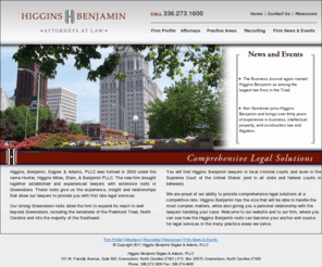 greensborolaw.com: Higgins Benjamin
Hunter, Higgins, Miles, Elam, and Benjamin engage in the general practice of law in the following areas: Business, Corporate, Estate, Probate, Domestic, Criminal Law, Traffic Violations, Bankruptcy, Personal Injury, Civil Litigation, Alternative Dispute Resolution.