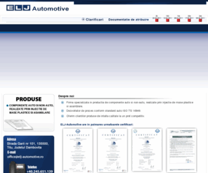 elj-automotive.ro: Injectie  mase plastice, producator repere din plastic
ELJ Automotive - repere injectate din plastic, producator repere din plastic, furnizor repere injectate din plastic, mase plastice, injectie mase plastice, producator repere auto din plastic, calandre,  grille inferieure, protection plastic, accoudoir,  porte coffre range lunettes,  group moto fan,  GMV auto, elice GMV