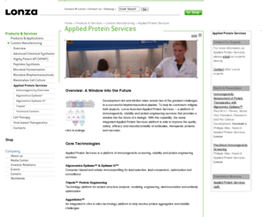 lonzaaps.net: Applied Protein Services
Immunogenicity; Deimmunization; Humanization; Aggregation; T-cell Epitope; Epibase; Tripole; AggreSolve 