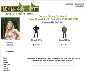 camotrends.com: CamoTrends.com-Camofluage clothing, BDUs, Military and Fashion Camo.
Your on line source for camo apparel and outdoor gear.  Military uniforms, outdoor gear, camo gear all delivered to your door.