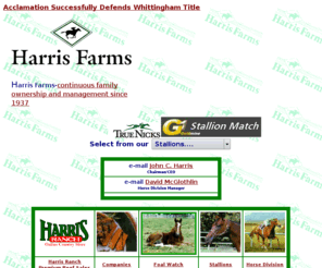 harrisfarms.net: Thoroughbred Racehorses at Harris Farms
Thoroughbreds at Harris Farms-Horse Division, a perennial leader in the California thoroughbred industry, is now making a national impact with their 450 acres of full service thoroughbred facilities.