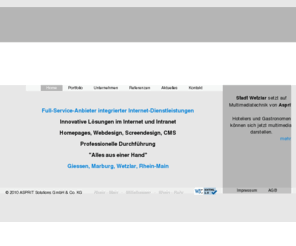 asprit.de: ASPRIT Solutions: Home: Internet, Webdesign, Homepage-Erstellung in Giessen, Marburg, Wetzlar
Asprit Solutions, Ihr Full-Service-Anbieter integrierter Internet-Dienstleistungen. 