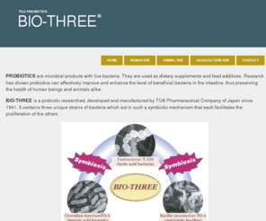 bio-three.com: BIO-THREE | TAO Probiotics
BIO-THREE is a probiotic researched, developed and manufactured by TOA Pharmaceutical Company of Japan since 1941. It contains three unique strains of bacteria which act in such a symbiotic mechanism that each facilitates the proliferation of the others.