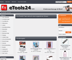 etools24.com: etools24.com - Enrico Paracuccchi - Kirrlach - Elektrowerkzeuge Gartengeräte Drucklufttechnik 
Onlineshop für Elektrowerkzeuge & Mehr - Wir bieten Ihnen ein ausgewähltes Programm am Tools und einen exklusiven Service an Elektrowerkzeugen, Drucklufttechnik,  Handwerkzeuge, Brennholzbearbeitung, Werkstatt, Elektroartikel, Baustelle, Heiztechnik..